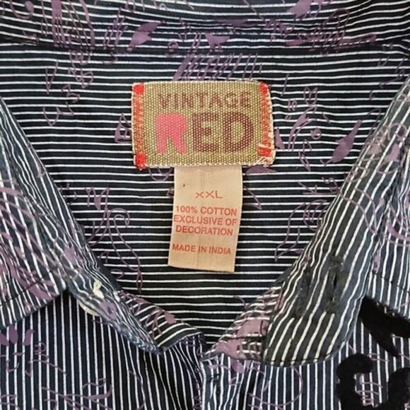 Vintage Red Floral Long Sleeve Button Up Shirt Men's 2XL Black Purple Stripe EUC - Picture 5 of 12